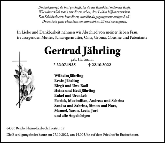 Traueranzeige von Gertrud Jährling von vrm-trauer Odenwälder Echo