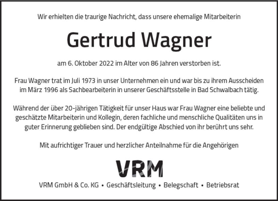 Traueranzeige von Gertrud Wagner von vrm-trauer Wiesbadener Kurier
