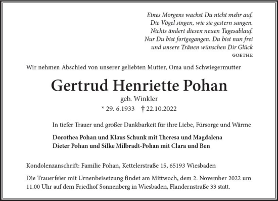 Traueranzeige von Gertrud Henriette Pohan von vrm-trauer Wiesbadener Kurier