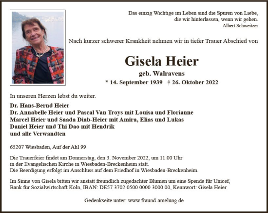 Traueranzeige von Gisela Heier von vrm-trauer Wiesbadener Kurier
