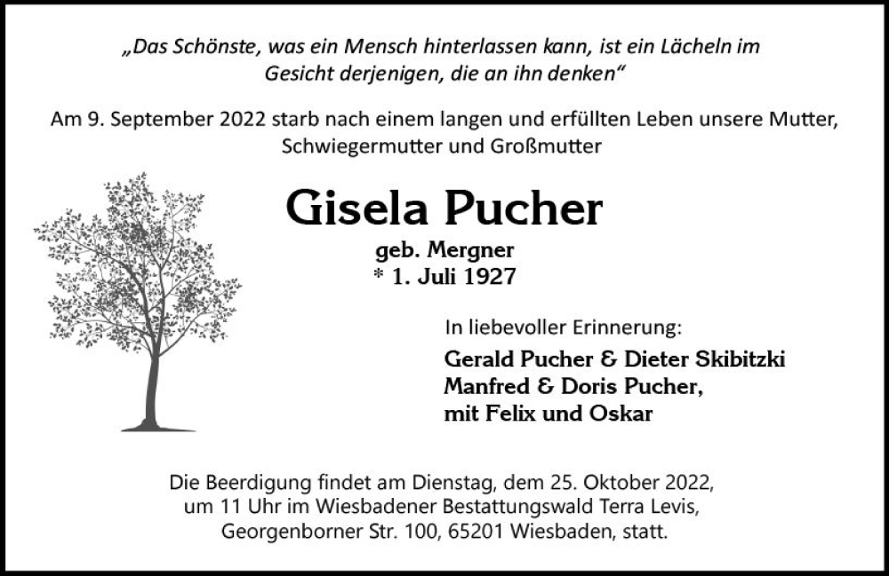  Traueranzeige für Gisela Pucher vom 15.10.2022 aus vrm-trauer Wiesbadener Kurier