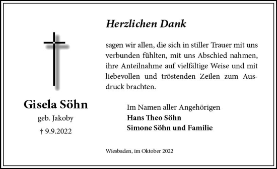 Traueranzeige von Gisela Söhn von vrm-trauer Wiesbadener Kurier
