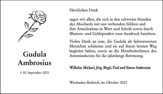 Traueranzeige von Gudula Ambrosius von vrm-trauer Wiesbadener Kurier