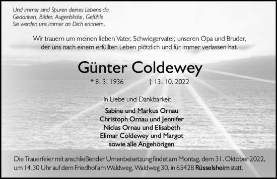 Traueranzeige von Günter Coldewey von vrm-trauer Rüsselsheimer Echo / MainSpitze