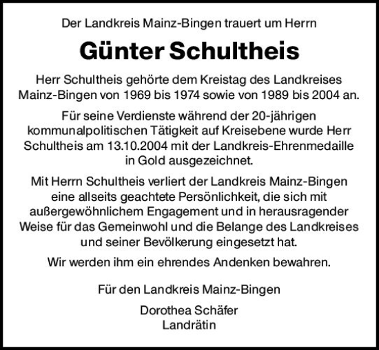 Traueranzeige von Günter Schultheis von vrm-trauer Allgemeine  Zeitung Ingelheim-Bingen
