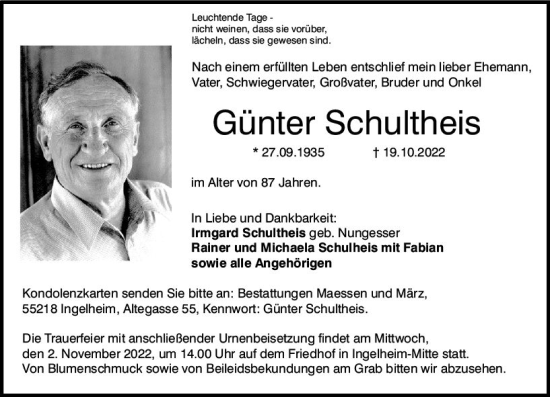 Traueranzeige von Günter Schultheis von vrm-trauer Allgemeine  Zeitung Ingelheim-Bingen