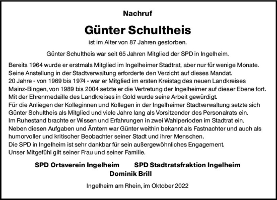 Traueranzeige von Günter Schultheis von vrm-trauer Allgemeine  Zeitung Ingelheim-Bingen
