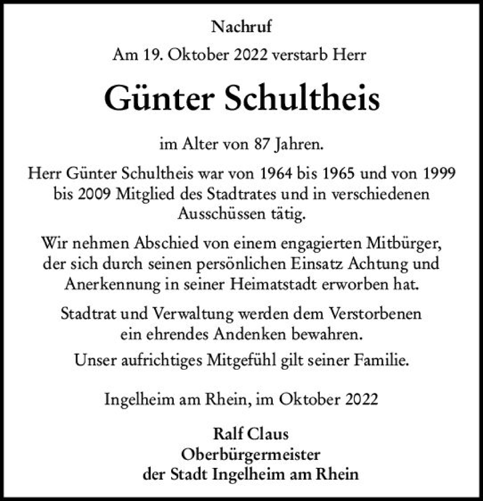 Traueranzeige für Günter Schultheis vom 29.10.2022 aus vrm-trauer Allgemeine  Zeitung Ingelheim-Bingen