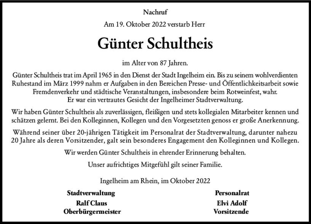  Traueranzeige für Günter Schultheis vom 29.10.2022 aus vrm-trauer Allgemeine  Zeitung Ingelheim-Bingen