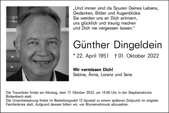 Traueranzeige von Günther Dingeldein von vrm-trauer Darmstädter Echo