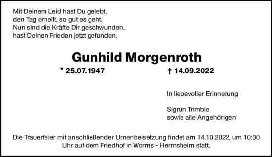 Traueranzeige von Gunhild Morgenroth von vrm-trauer Wormser Zeitung
