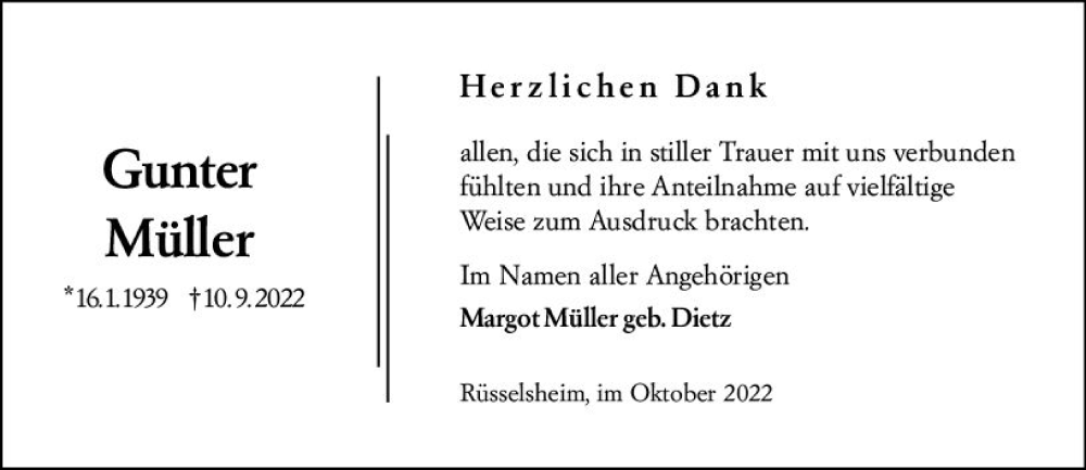  Traueranzeige für Gunter Müller vom 08.10.2022 aus vrm-trauer Rüsselsheimer Echo / MainSpitze