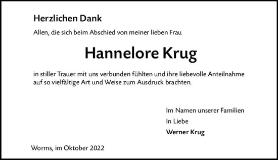 Traueranzeige von Hannelore Krug von vrm-trauer Wormser Zeitung