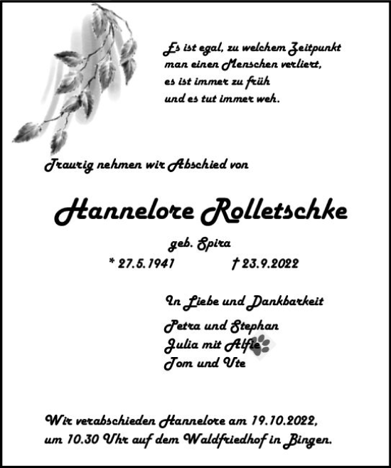 Traueranzeige von Hannelore Rolletschke von vrm-trauer Allgemeine  Zeitung Ingelheim-Bingen