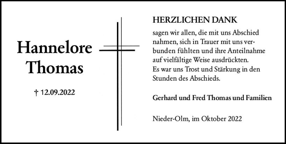  Traueranzeige für Hannelore Thomas vom 15.10.2022 aus vrm-trauer AZ Mainz