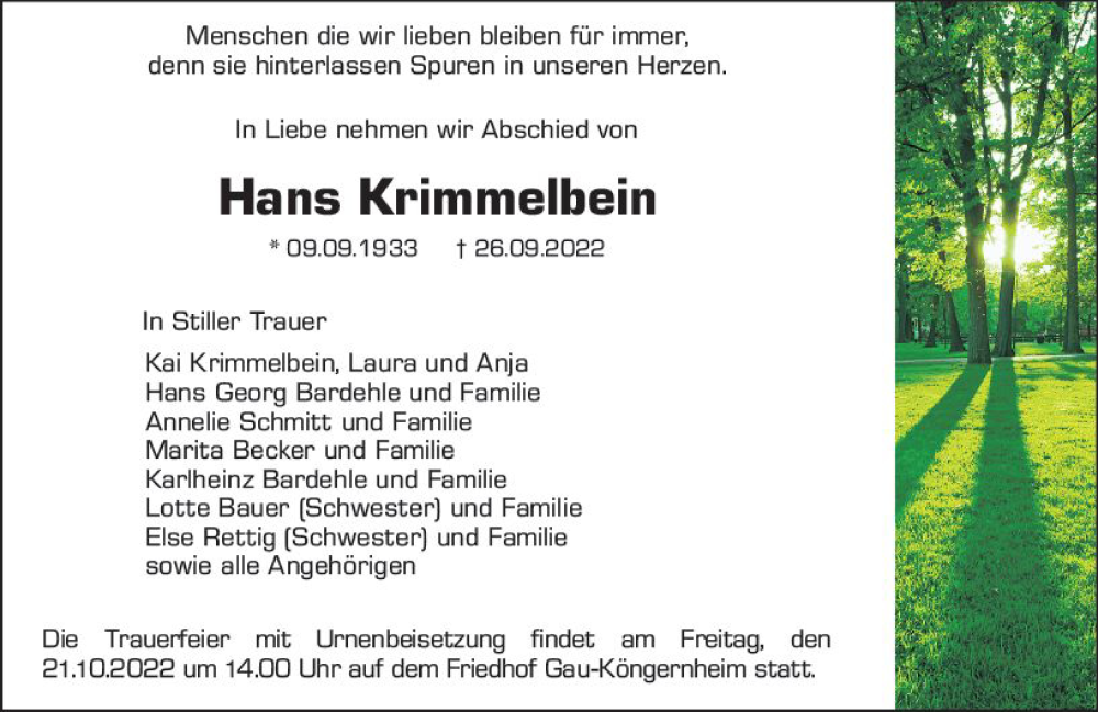  Traueranzeige für Hans Krimmelbein vom 17.10.2022 aus vrm-trauer Allgemeine Zeitung Alzey