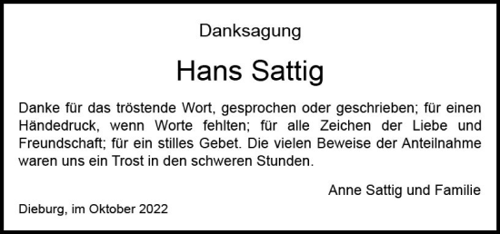 Traueranzeige von Hans Sattig von vrm-trauer DieburgerAnzeiger/Groß-Zimmerner Lokala