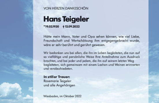 Traueranzeige von Hans Teigeler von vrm-trauer Wiesbadener Kurier