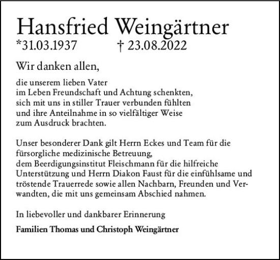 Traueranzeige von Hansfried Weingärtner von vrm-trauer Allgemeine  Zeitung Ingelheim-Bingen