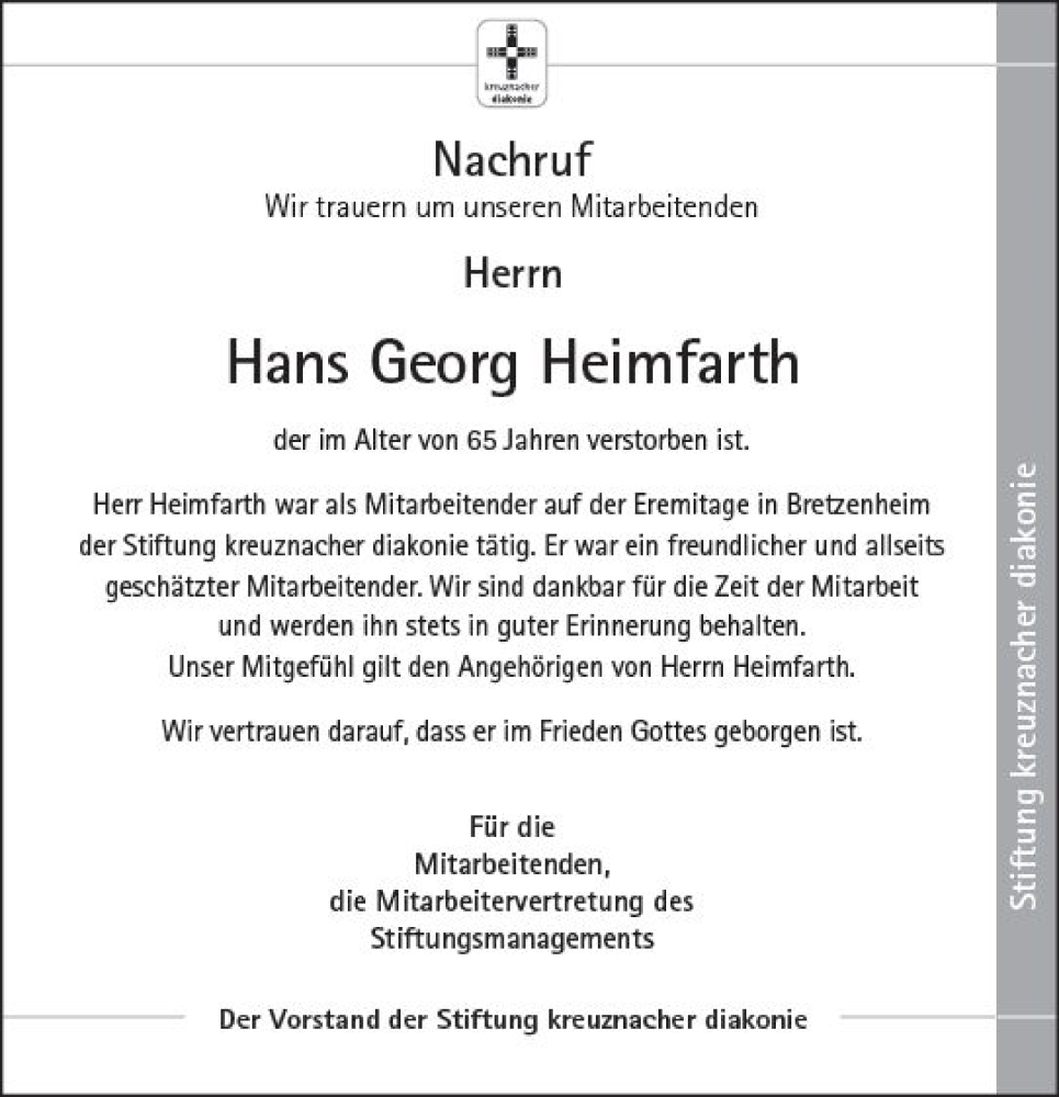  Traueranzeige für Hans Georg Heimfarth vom 29.10.2022 aus vrm-trauer Allg. Zeitung Bad Kreuznach
