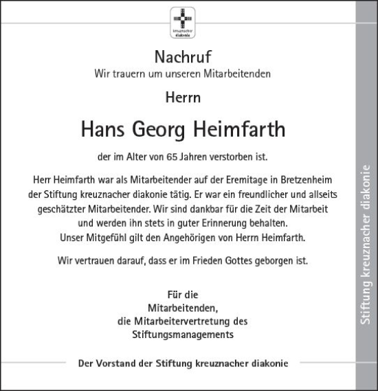 Traueranzeige von Hans Georg Heimfarth von vrm-trauer Allg. Zeitung Bad Kreuznach
