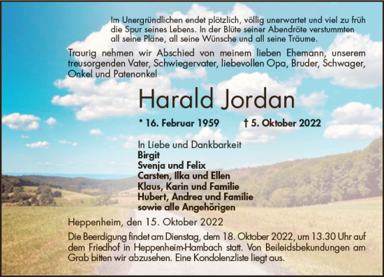 Traueranzeige von Harald Jordan von vrm-trauer Bürstädter/Lamperth. Ztg/Starkenburger