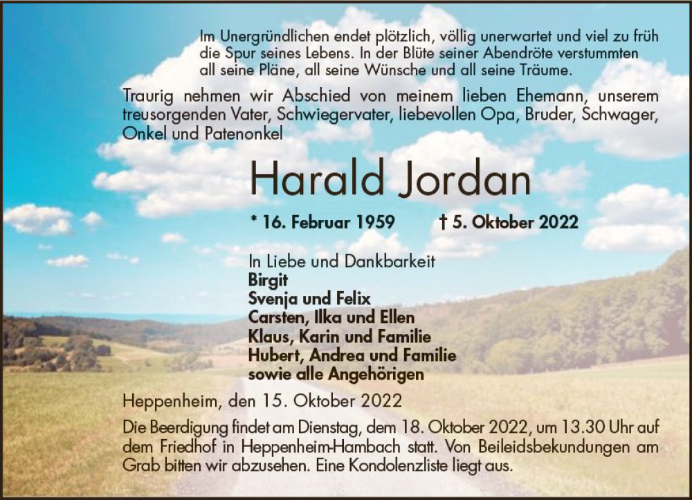  Traueranzeige für Harald Jordan vom 15.10.2022 aus vrm-trauer Bürstädter/Lamperth. Ztg/Starkenburger
