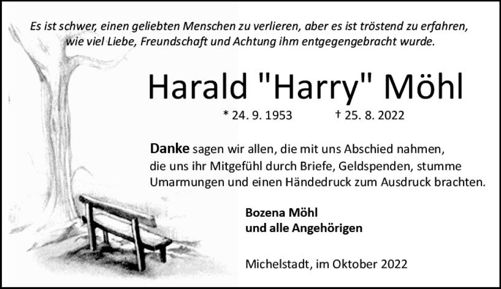  Traueranzeige für Harald Möhl vom 15.10.2022 aus vrm-trauer Odenwälder Echo