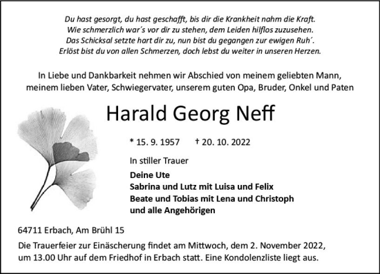 Traueranzeige von Harald Georg Neff von vrm-trauer Odenwälder Echo