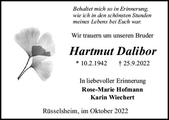 Traueranzeige von Hartmut Dalibor von vrm-trauer Rüsselsheimer Echo / MainSpitze