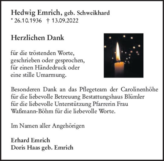 Traueranzeige von Hedwig Emrich von vrm-trauer Allgemeine  Zeitung Ingelheim-Bingen