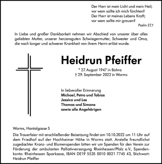 Traueranzeige von Heidrun Pfeiffer von vrm-trauer Wormser Zeitung