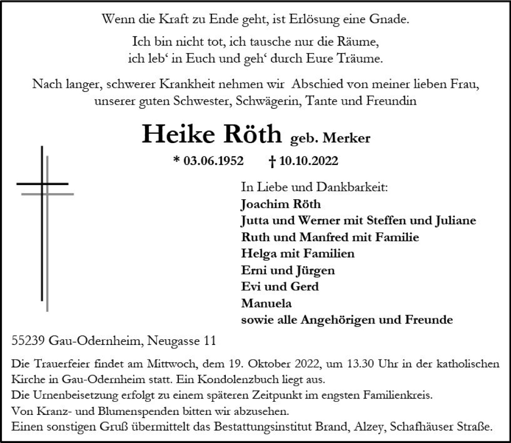  Traueranzeige für Heike Röth vom 15.10.2022 aus vrm-trauer Allgemeine Zeitung Alzey