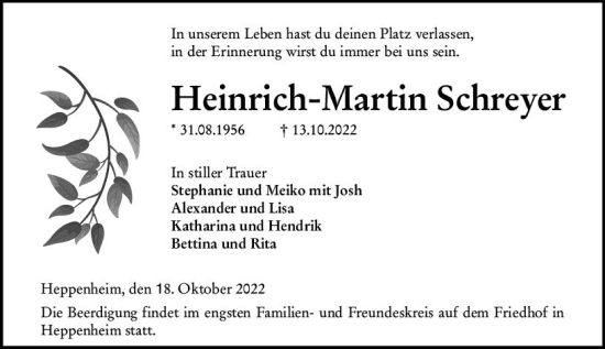 Traueranzeige von Heinrich-Martin Schreyer von vrm-trauer Bürstädter/Lamperth. Ztg/Starkenburger