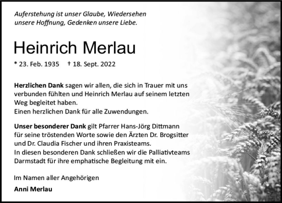 Traueranzeige von Heinrich Merlau von vrm-trauer Darmstädter Echo