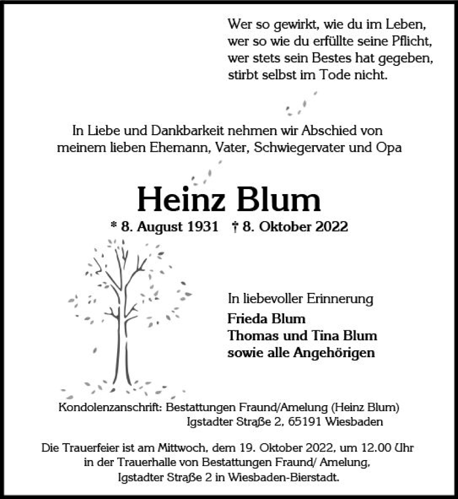  Traueranzeige für Heinz Blum vom 15.10.2022 aus vrm-trauer Wiesbadener Kurier