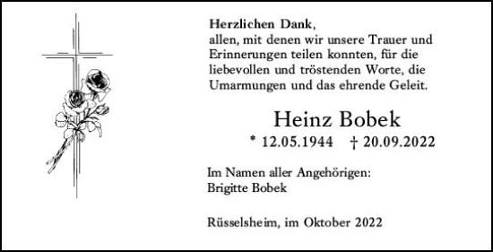 Traueranzeige von Heinz Bobek von vrm-trauer Rüsselsheimer Echo / MainSpitze