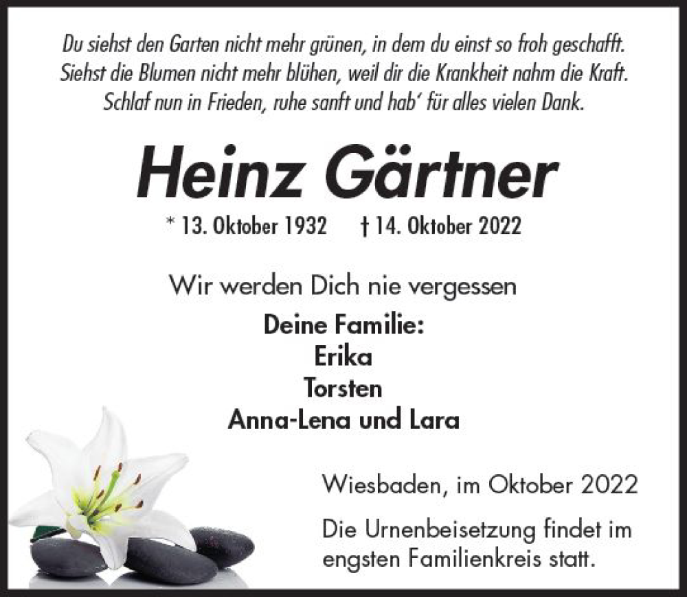  Traueranzeige für Heinz Gärtner vom 22.10.2022 aus vrm-trauer Wiesbadener Kurier