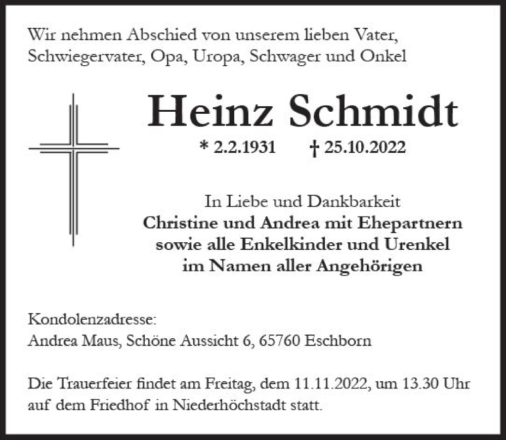  Traueranzeige für Heinz Schmidt vom 29.10.2022 aus vrm-trauer Idsteiner Zeitung