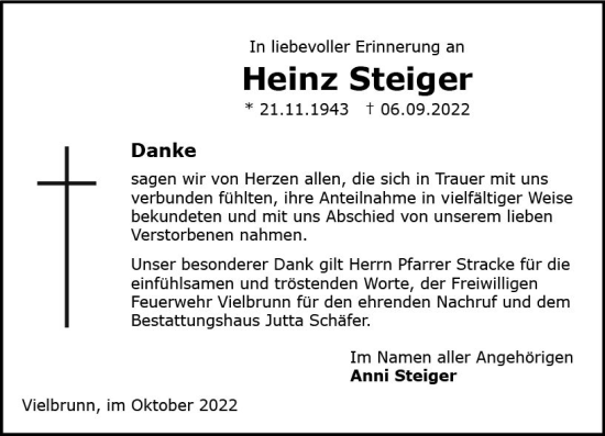 Traueranzeige von Heinz Steiger von vrm-trauer Odenwälder Echo
