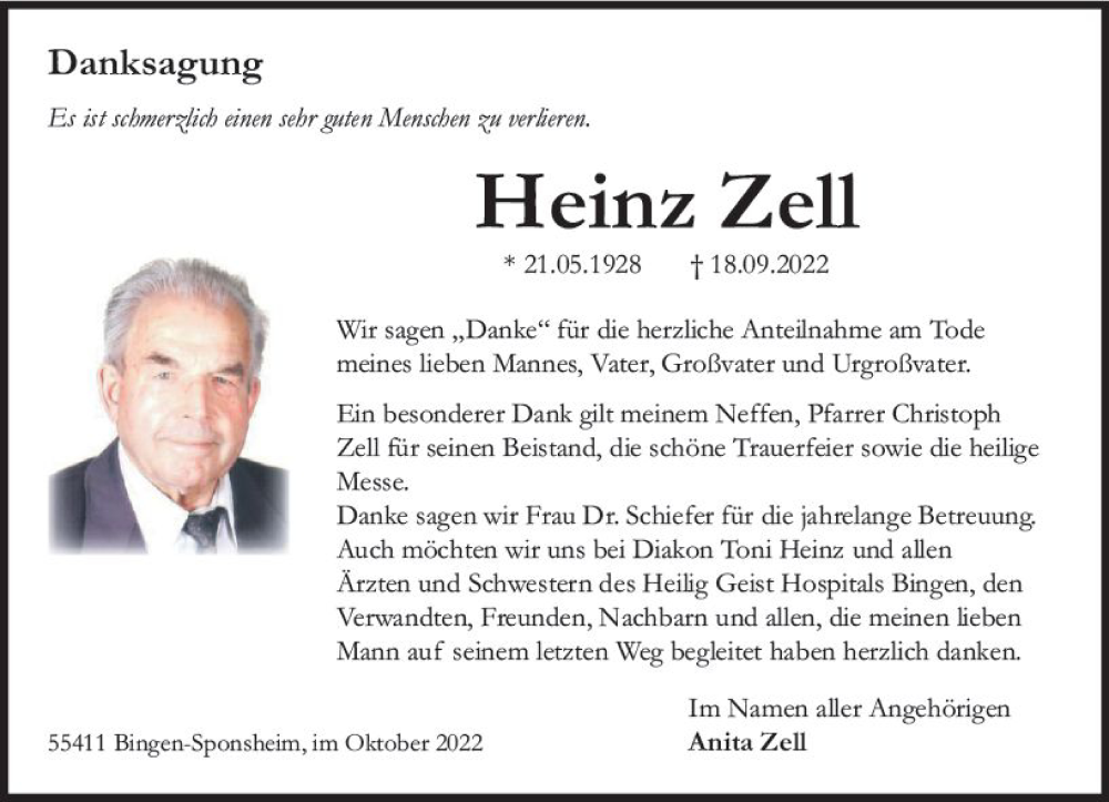  Traueranzeige für Heinz Zell vom 29.10.2022 aus vrm-trauer Allgemeine  Zeitung Ingelheim-Bingen