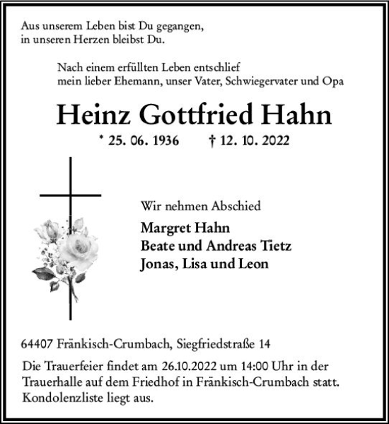 Traueranzeige von Heinz Gottfried Hahn von vrm-trauer Odenwälder Echo