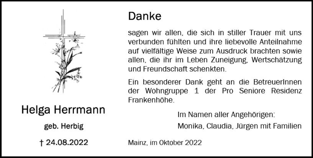  Traueranzeige für Helga Herrmann vom 22.10.2022 aus vrm-trauer AZ Mainz