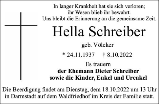 Traueranzeige von Hella Schreiber von vrm-trauer Darmstädter Echo