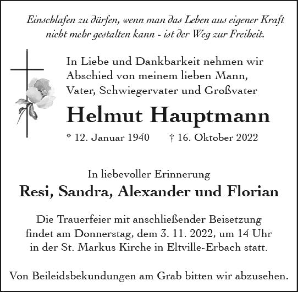  Traueranzeige für Helmut Hauptmann vom 22.10.2022 aus vrm-trauer Wiesbadener Kurier