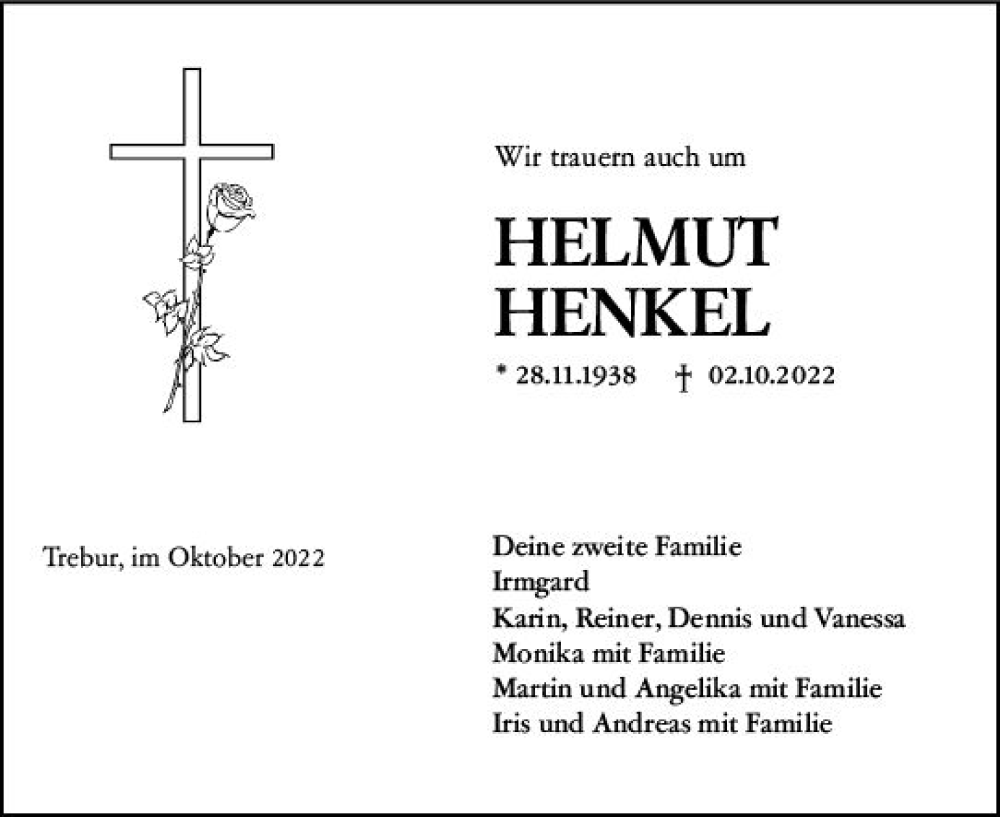  Traueranzeige für Helmut Henkel vom 22.10.2022 aus vrm-trauer Rüsselsheimer Echo / MainSpitze