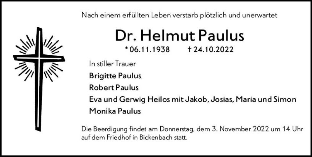  Traueranzeige für Helmut Paulus vom 29.10.2022 aus vrm-trauer Darmstädter Echo
