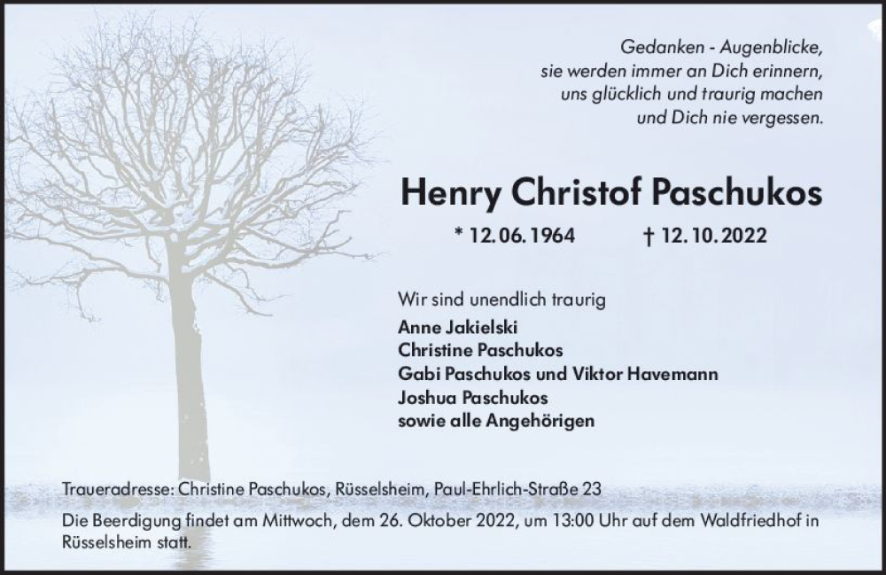  Traueranzeige für Henry Christof Paschukos vom 22.10.2022 aus vrm-trauer Rüsselsheimer Echo / MainSpitze