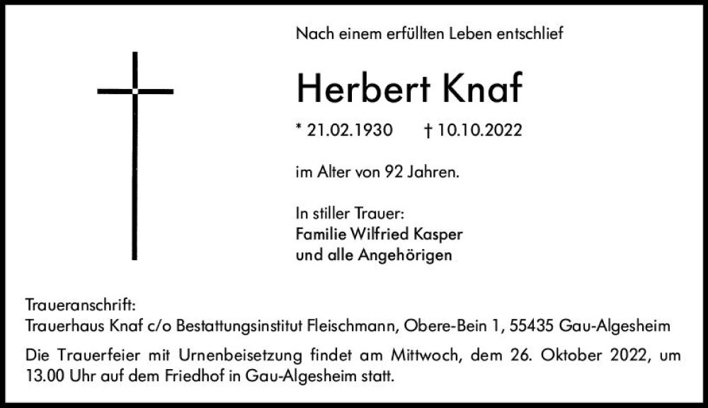  Traueranzeige für Herbert Knaf vom 22.10.2022 aus vrm-trauer Allgemeine  Zeitung Ingelheim-Bingen