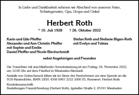 Traueranzeige von Herbert Roth von vrm-trauer Wiesbadener Kurier